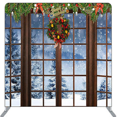 Lofaris Snow Scene Brown Wood Window Christmas Backdrop Cover