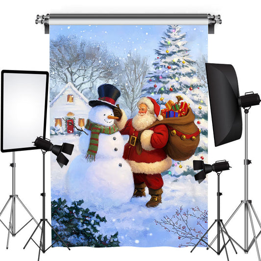 Lofaris Snowman And Santa Pine Tree Photo Christmas Backdrop