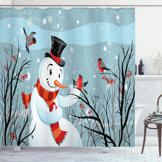 Lofaris Snowman Cherry Birds Winter Scenery Shower Curtain
