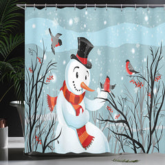Lofaris Snowman Cherry Birds Winter Scenery Shower Curtain