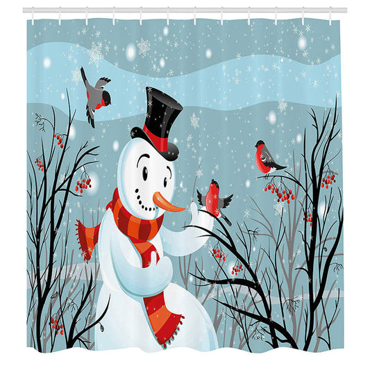 Lofaris Snowman Cherry Birds Winter Scenery Shower Curtain