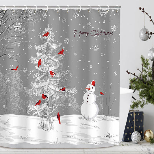 Lofaris Snowman Tree Red Birds Christmas Shower Curtain