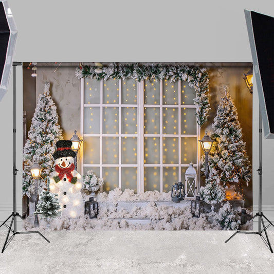 Lofaris Snowman White Green Trees Winter Backdrop For Party