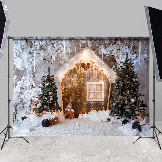 Lofaris Snowtree Glitter Wooden House Winter Party Backdrop