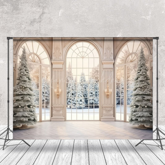 Lofaris Snowy Christmas Tree Winter Window Photo Backdrop