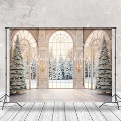 Lofaris Snowy Christmas Tree Winter Window Photo Backdrop