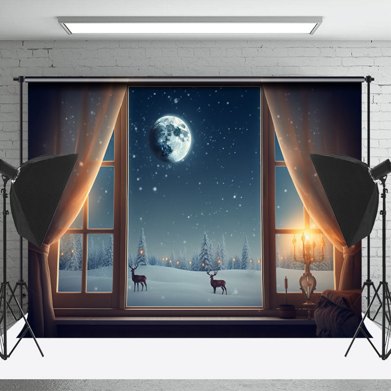 Lofaris Snowy Night Moon Reindeer Window Christmas Backdrop
