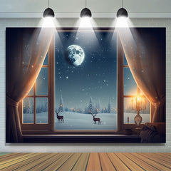 Lofaris Snowy Night Moon Reindeer Window Christmas Backdrop