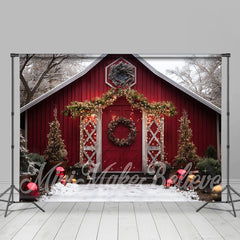 Lofaris Snowy Red Wood House Wreath Light Christmas Backdrop