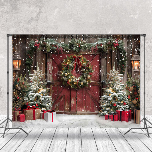 Lofaris Snowy Trees Vintage Wooden Door Christmas Backdrop