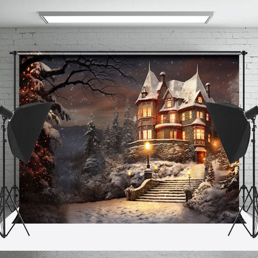 Lofaris Snowy Warm Light Magic Castle Forest Winter Backdrop