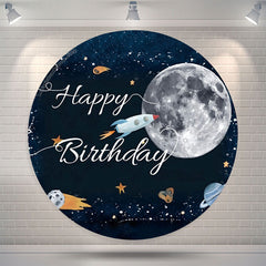 Lofaris Space Moon Rocket Happy Birthday Round Backdrop Cover