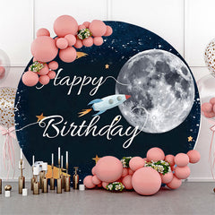 Lofaris Space Moon Rocket Happy Birthday Round Backdrop Cover
