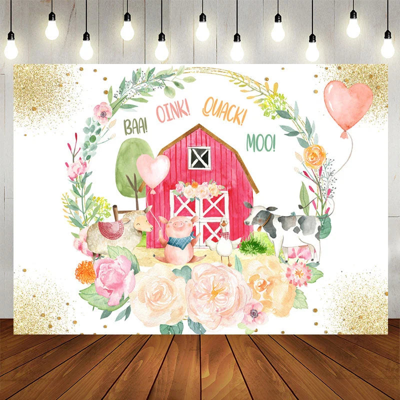 Lofaris Sparkle Floral Wooden House Animal Birthday Backdrop