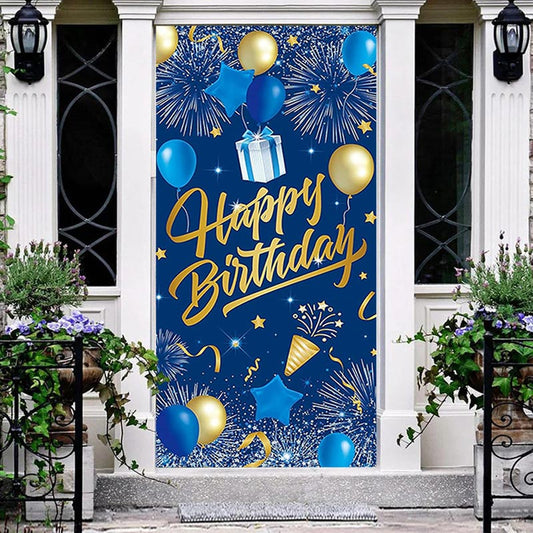 Lofaris Sparkle Gold Blue Balloons Happy Birthday Door Cover
