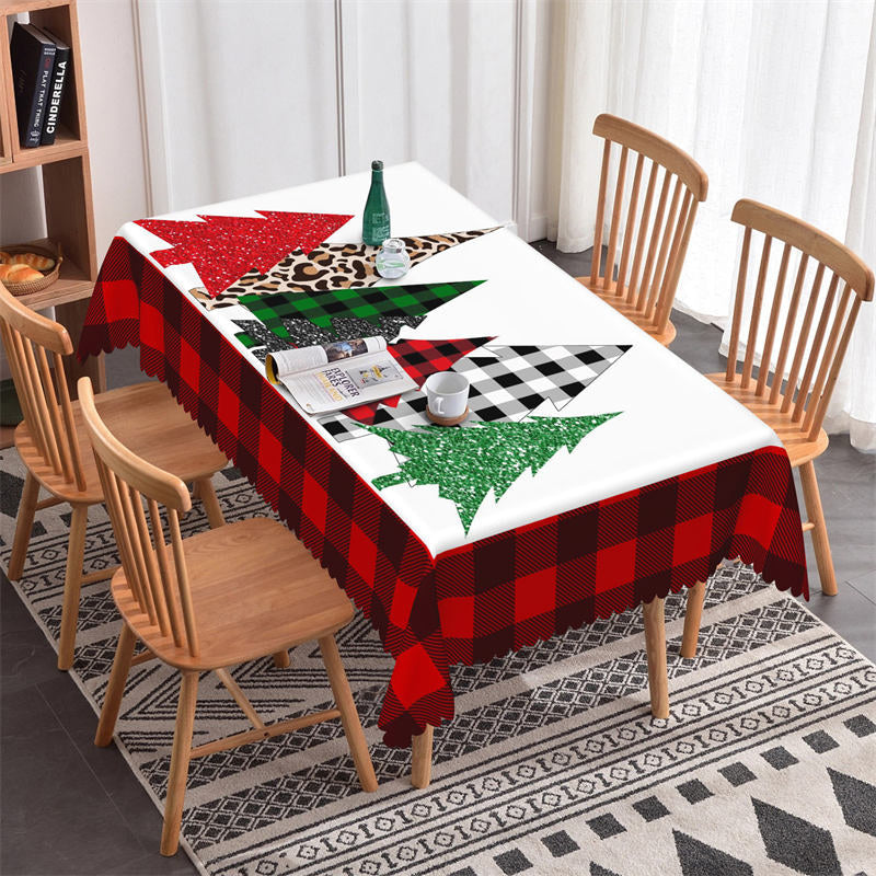 Sparkling Pine Trees Red Plaid Christmas Tablecloth Lofaris
