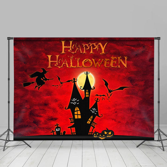 Lofaris Spook House Bat Pumpkin Moon Red Halloween Backdrop