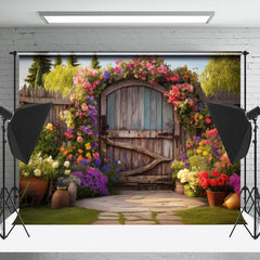 Lofaris Spring Floral Retro Wooden Door Photography Backdrop