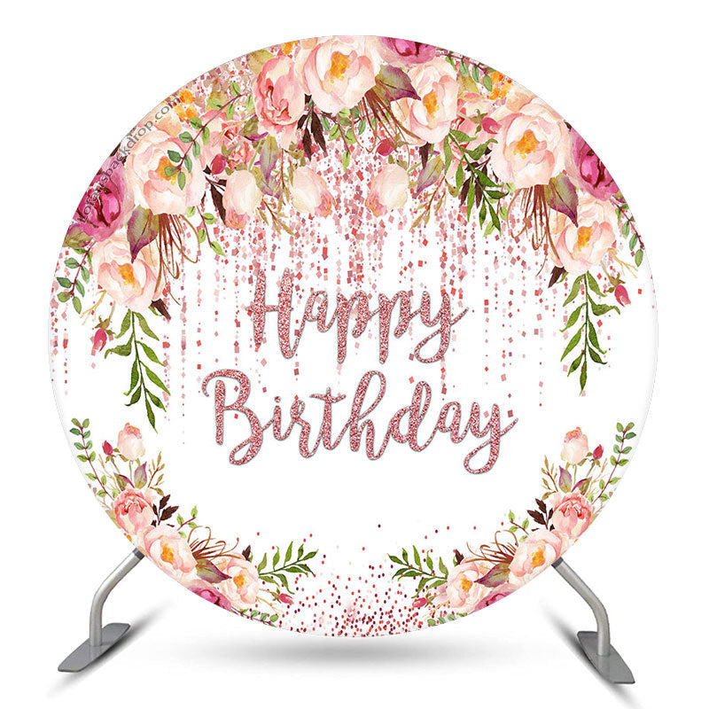 Lofaris Spring Floral Rose Gold Glitter Round Birthday Backdrop