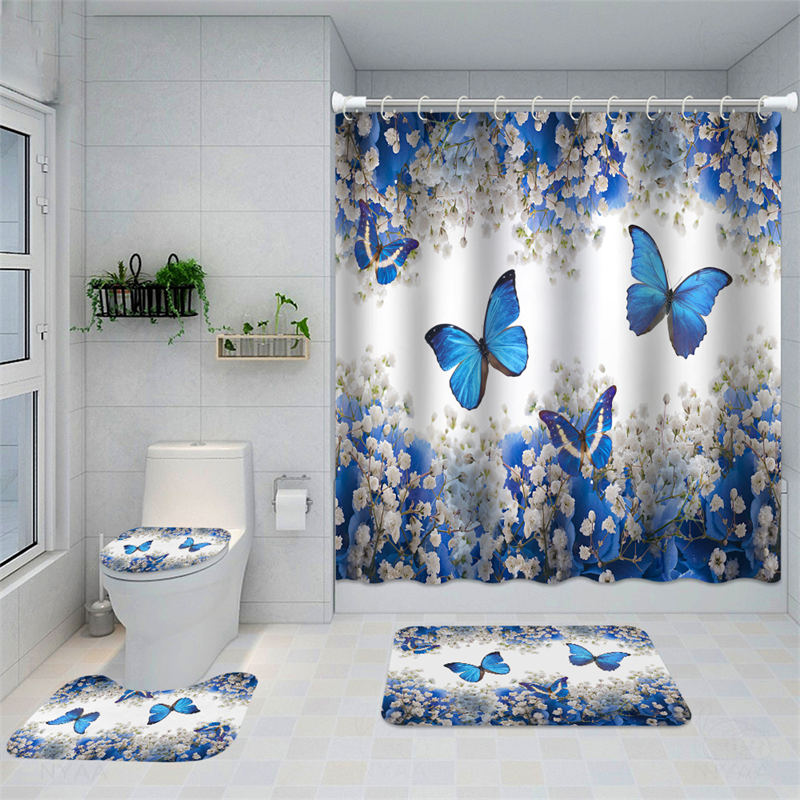 Lofaris Spring Flower Butterfly Romantic Blue Shower Curtain