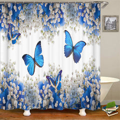 Lofaris Spring Flower Butterfly Romantic Blue Shower Curtain
