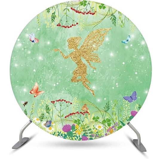 Lofaris Spring Green Floral Gold Elf Round Birthday Backdrop