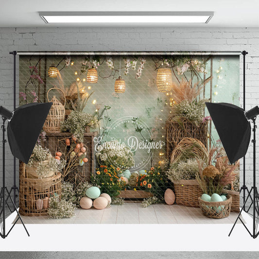 Lofaris Spring Green Wall Floral Woven Basket Photo Backdrop