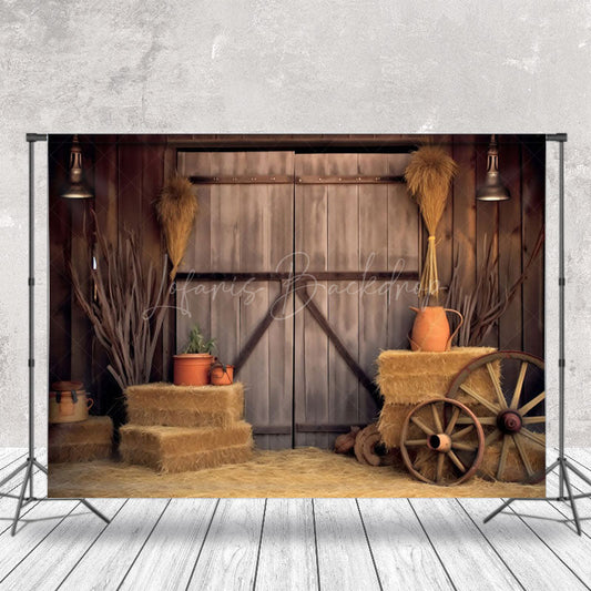 Lofaris Stacked Hay Retro Brown Wooden Barn Door Backdrop