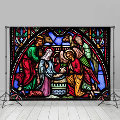 Lofaris Stained Glass Nativity Photo Christmas Backdrop