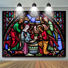 Lofaris Stained Glass Nativity Photo Christmas Backdrop