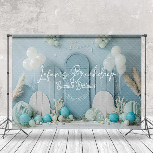Lofaris Summer Blue Balloons Coastal Cake Smash Backdrop