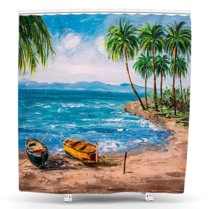 Lofaris Summer Coconut Tree Sea Beach Boat Shower Curtain