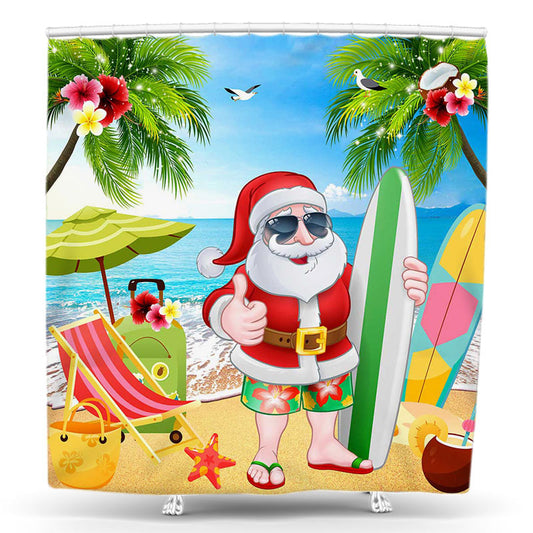 Lofaris Summer Santa Beach Sea Coconut Tree Shower Curtain