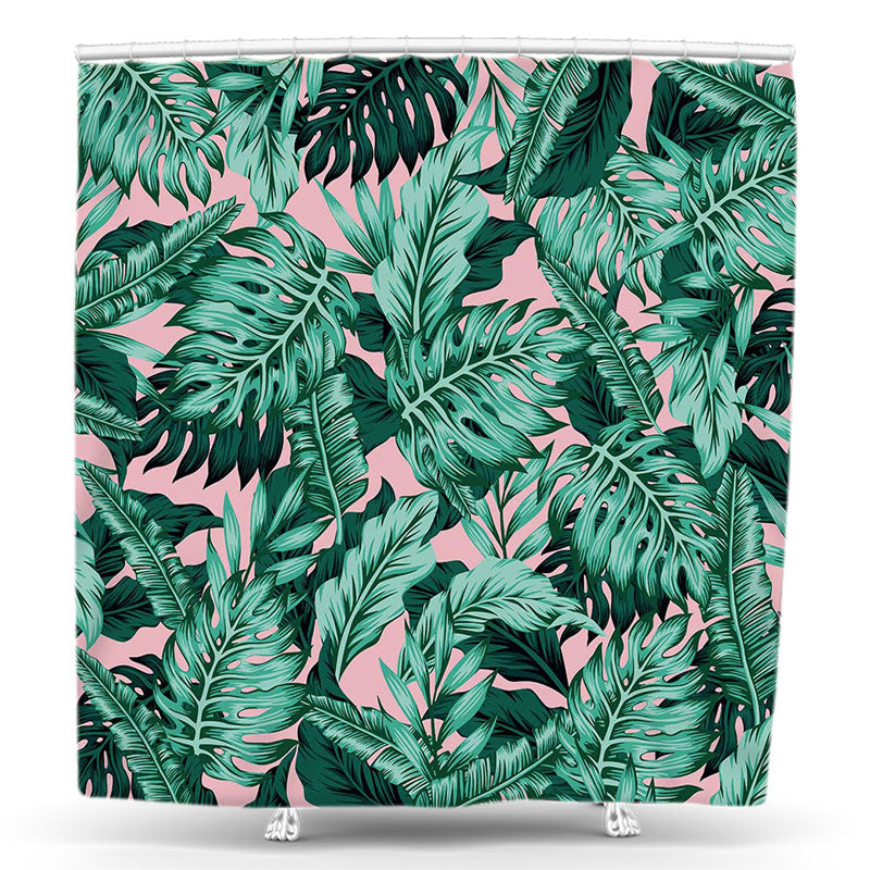 Lofaris Summer Tropical Green Monsteras Pink Shower Curtain