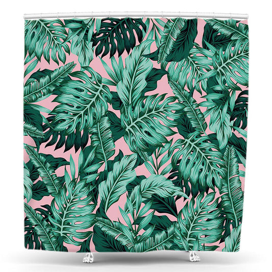 Lofaris Summer Tropical Green Monsteras Pink Shower Curtain