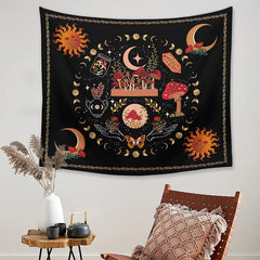 Lofaris Sun Moon Stars Mushroom Galaxy Black Wall Tapestry