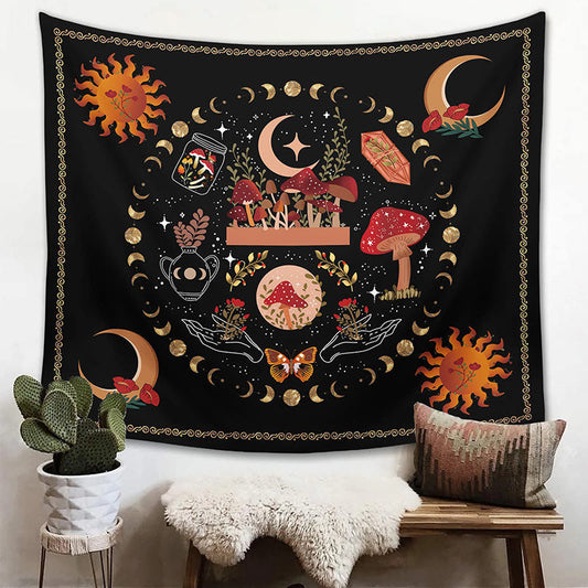 Lofaris Sun Moon Stars Mushroom Galaxy Black Wall Tapestry