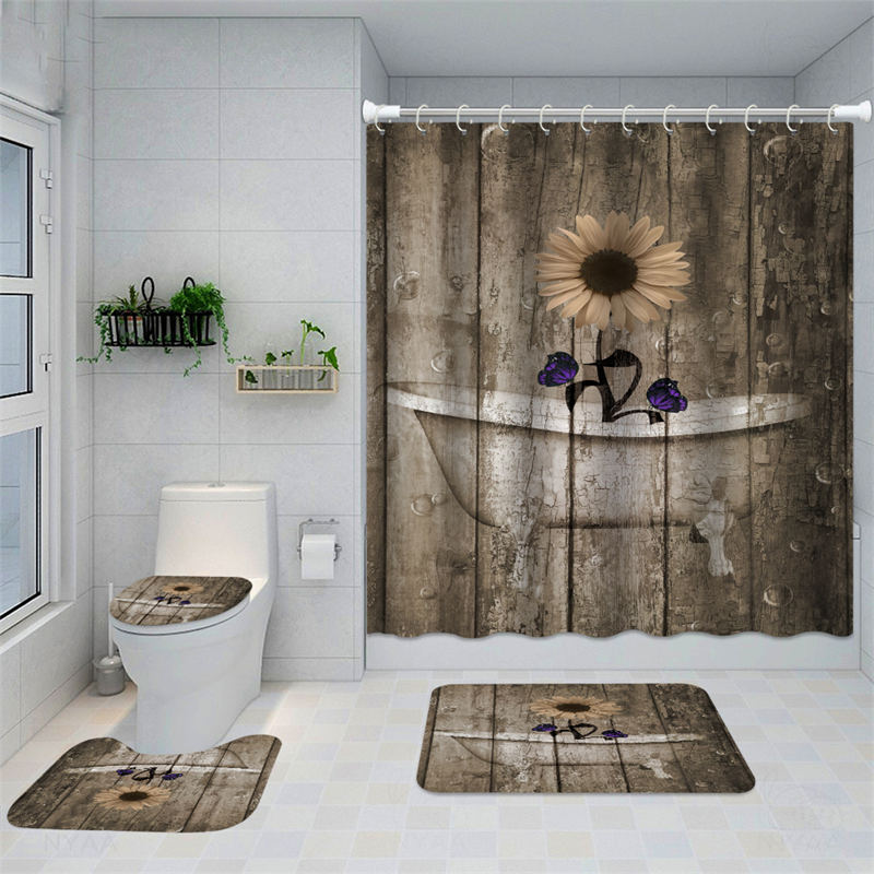 Lofaris Sunflower Modern Wood Texture Bathtub Shower Curtain