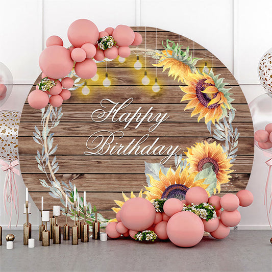Lofaris Sunflowers And Brown Wood Happy Birthday Round Backdrop