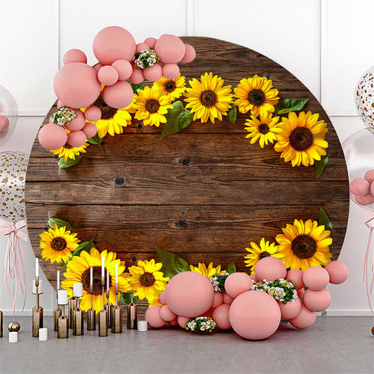 Lofaris Sunflowers And Brown Wooden Round Birthday Backdrop