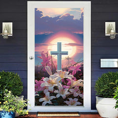 Lofaris Sunrise Oil Painting Cross Lily Easter Door Cover