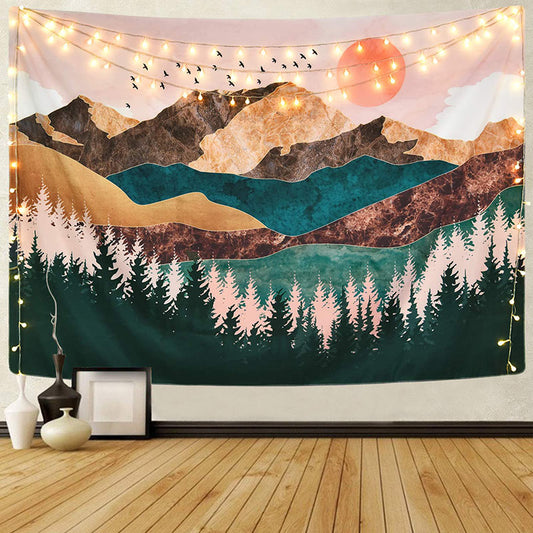 Lofaris Sunset Mountain Lake Forest Tapestry For Room Decor