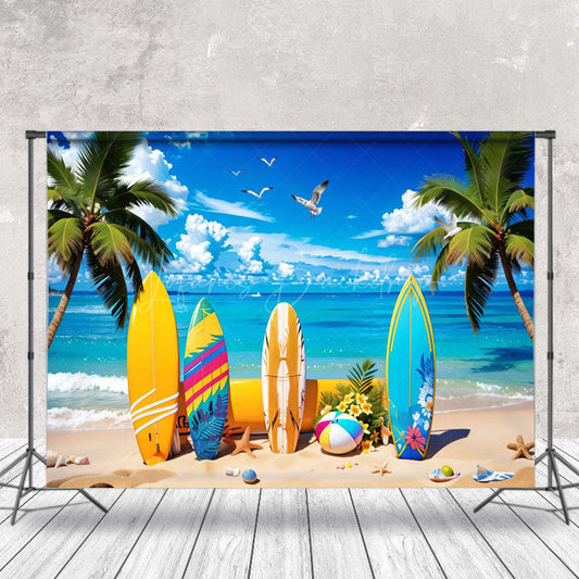 Lofaris Surfboard Palm Trees Sandy Beach Summer Backdrop