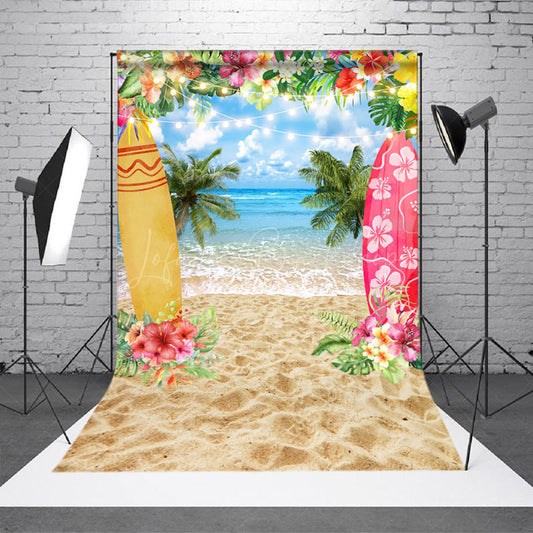 Lofaris Surfboard Sandy Beach Floral Summer Photo Backdrop