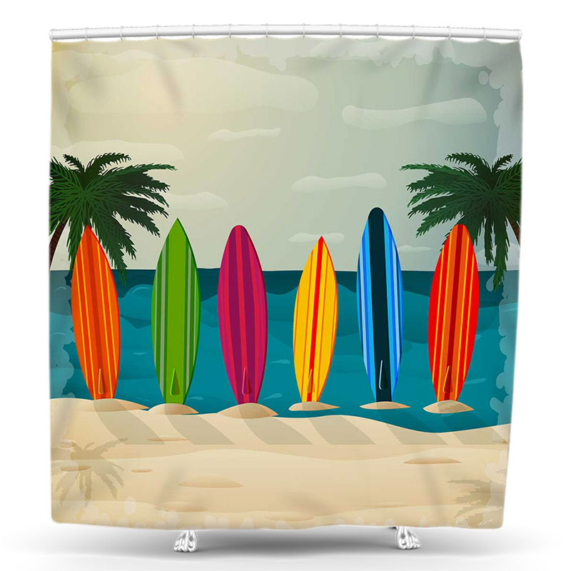 Lofaris Surfboard Sea Coconut Tree Beach Shower Curtain