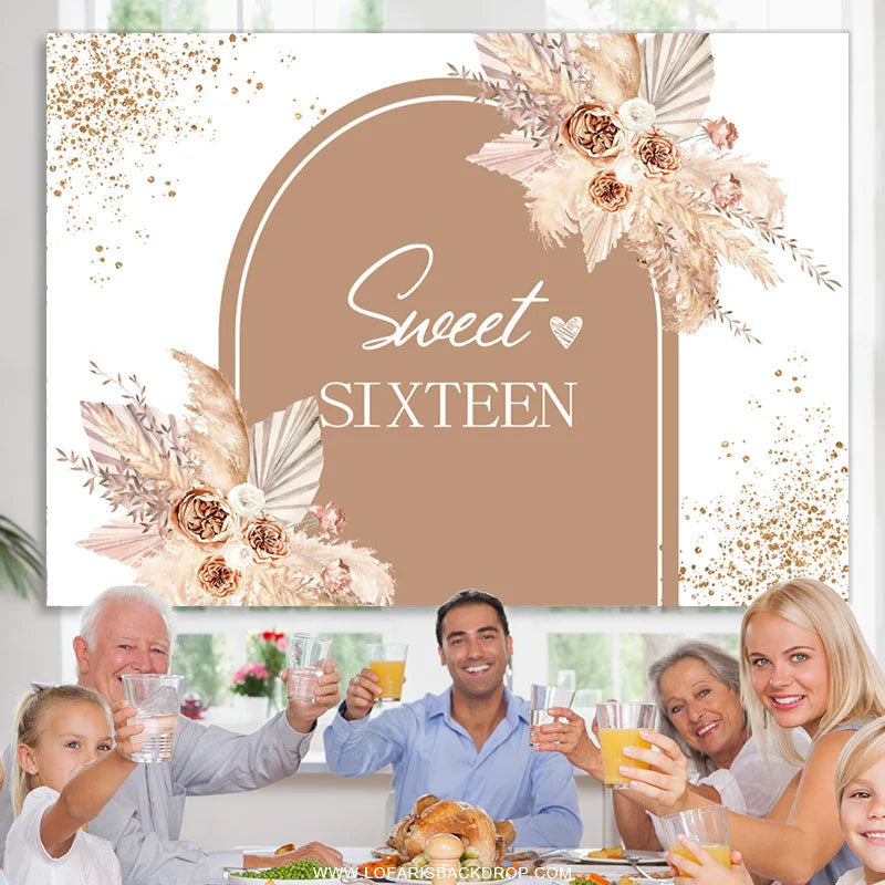 Lofaris Sweet 16 Flowers Arched Happy Birthday Backdrop