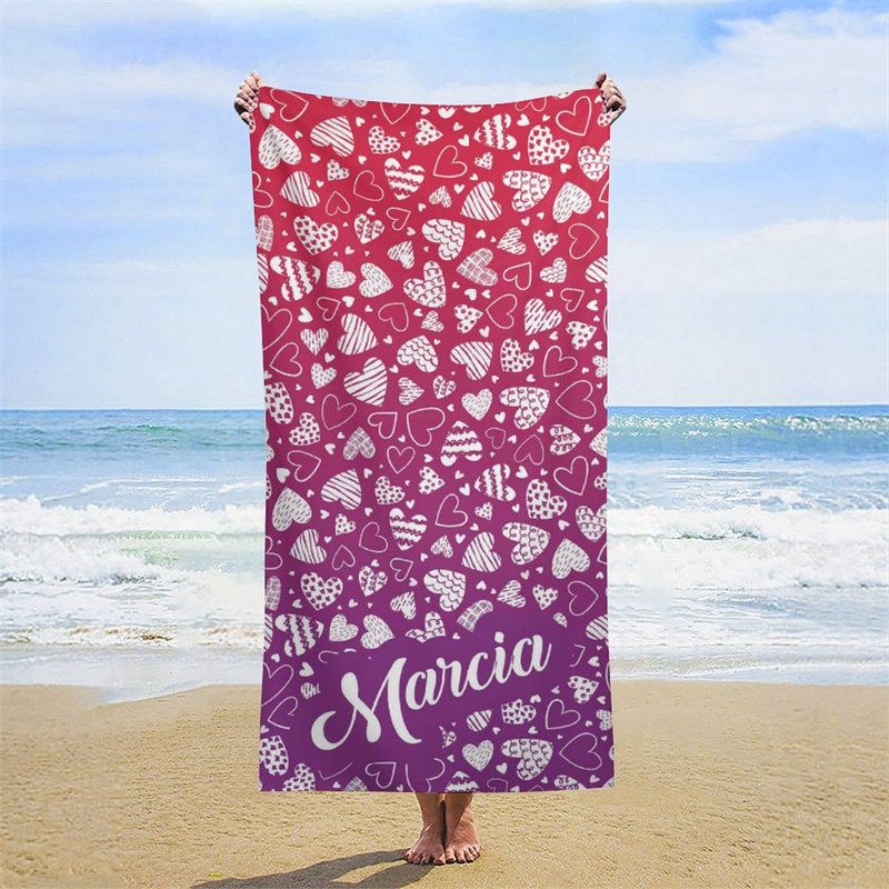 Lofaris Sweet Hearts Gradient Purple Custom Name Beach Towel