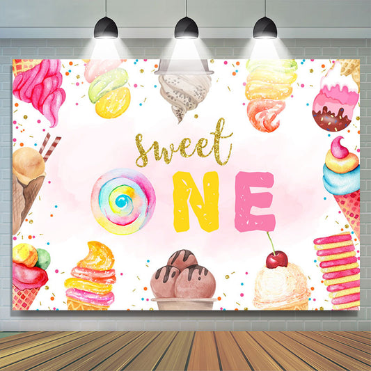 Lofaris Sweet One Ice Cream Pink Happy 1st Birthday Backdrop