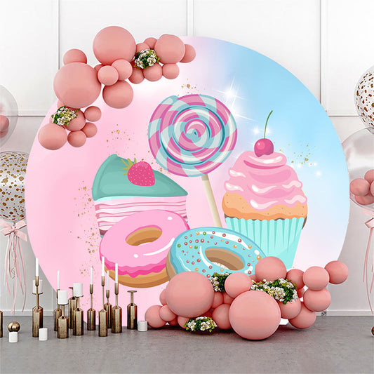 Lofaris Sweet Pink Candy And Cake Round Birthday Party Backdrop