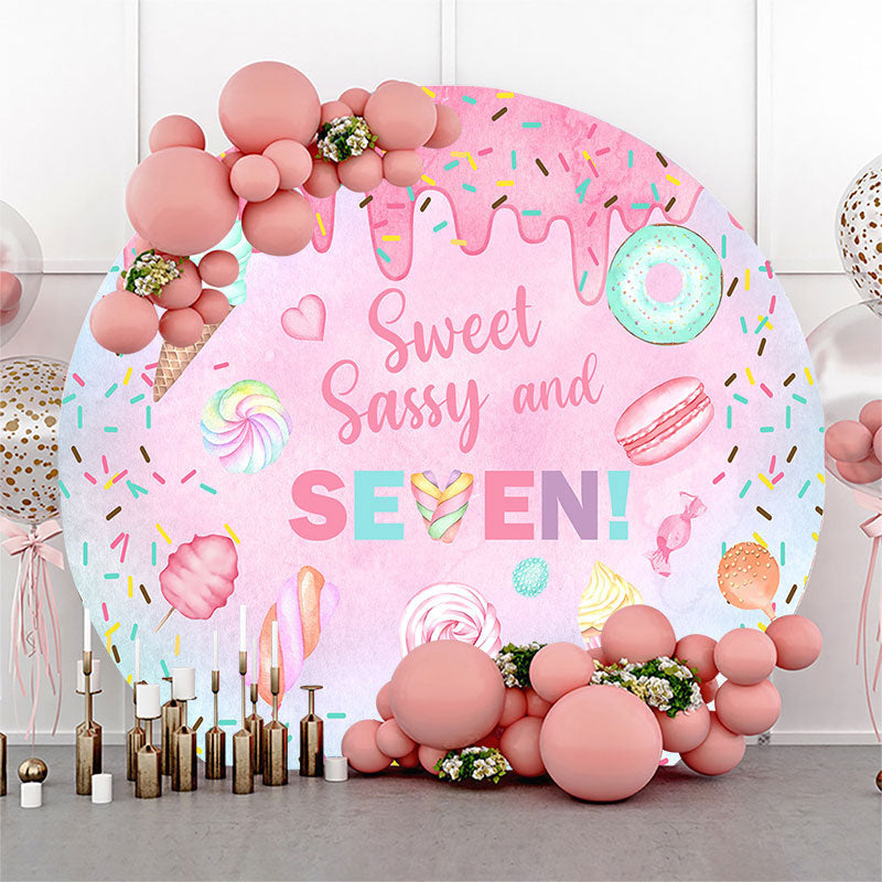 Number 7 Backdrop Lettering Sweet Sassy Seven Pink Round 7th Birthday Backdrop - Lofaris